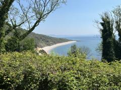 The path emerges to offer this viewpoint (with a seat!) overlooking Charton Bay